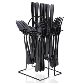 Flatware Set Rack,24 Piece Gilded Silverware Set with stand,Hanging Stainless Steel Utensils Set Service for 6,Eating Tableware Set Include Fork Knife Spoon Holder Set,Dishwasher Safe (Black)…
