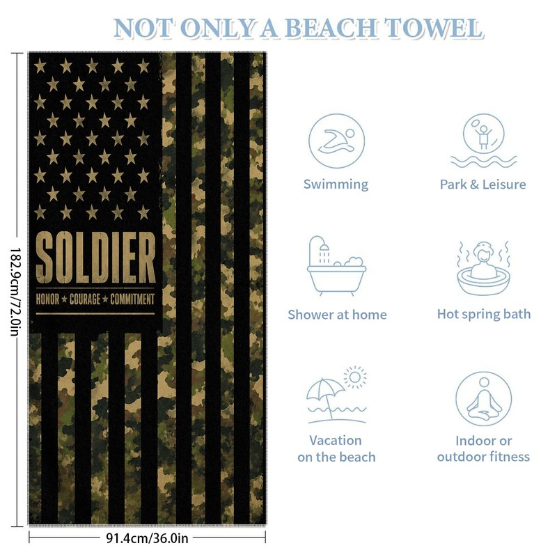 Camo USA Flag Faith Beach Towel, Large Absorbent Quick Dry