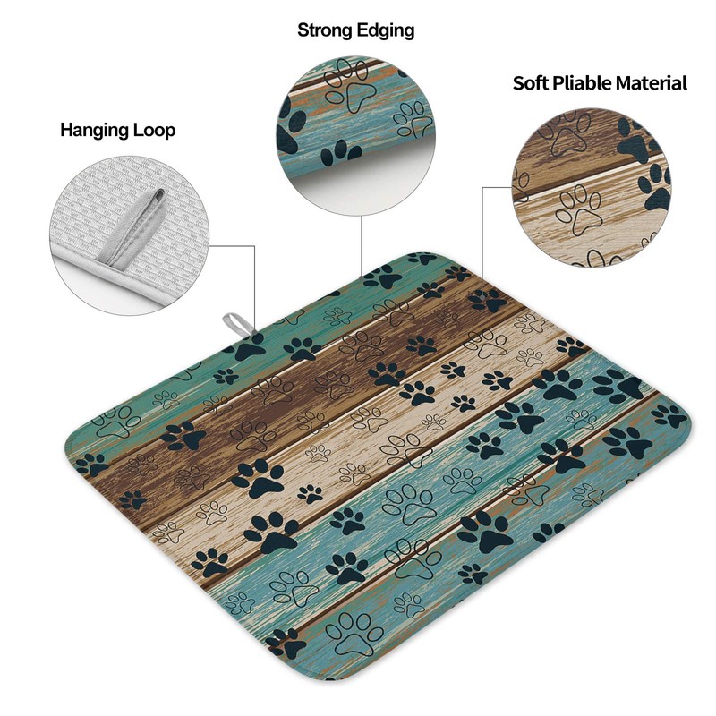 Dog Paw Print Dish Drying Mat for Kitchen Counter, Teal