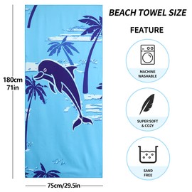Lakpopya Large Beach Towel, 180 x 75 cm, Microfibre Beach Towel, Sand Resistant Quick Drying Beach Towel for Beach/Pool/Beach Chairs (Coconut Trees and Dolphins)