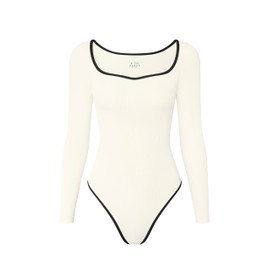 OQQ Women Bodysuit Contrast-Trim Square Neck Long Sleeve Stretch Bodysuit Tops Beige