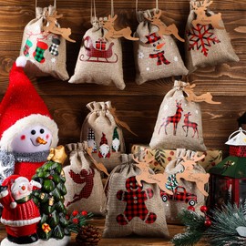 48 Pcs Christmas Drawstring Bags Xmas Buffalo Plaid Burlap Candy Bags Linen Treat Bags Holiday Party Favor Christmas Sack Sachet Bag with Cards and Rope (Linen, Black, Red, White, Green, 6 x 4 Inch)