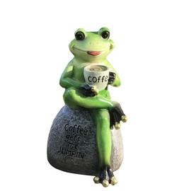 Creative Green Frog Sitting on Stone Statue Drinking Coffee Indoor Outdoor Garden Statue Decoration Collectible Frog Figurine Statue Model Sculpture