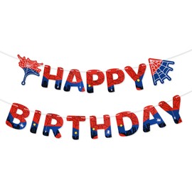 SAVITA Spider Theme Happy Birthday Banner, Pre-Strung Cartoon Birthday Party Decorations Spider Web Hanging Letters Sign Backdrop Wall Decor for Boys Kids Party Supplies