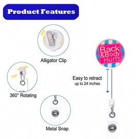 Back & Body Hurts Badge Reels - Funny Badge Clip Retractable with ID Clip for Doctor Nurse Teacher Student Name Tag Card Cute Badge Holder for RN LPN CNA LVN MA Nursing Medical Student Office Work
