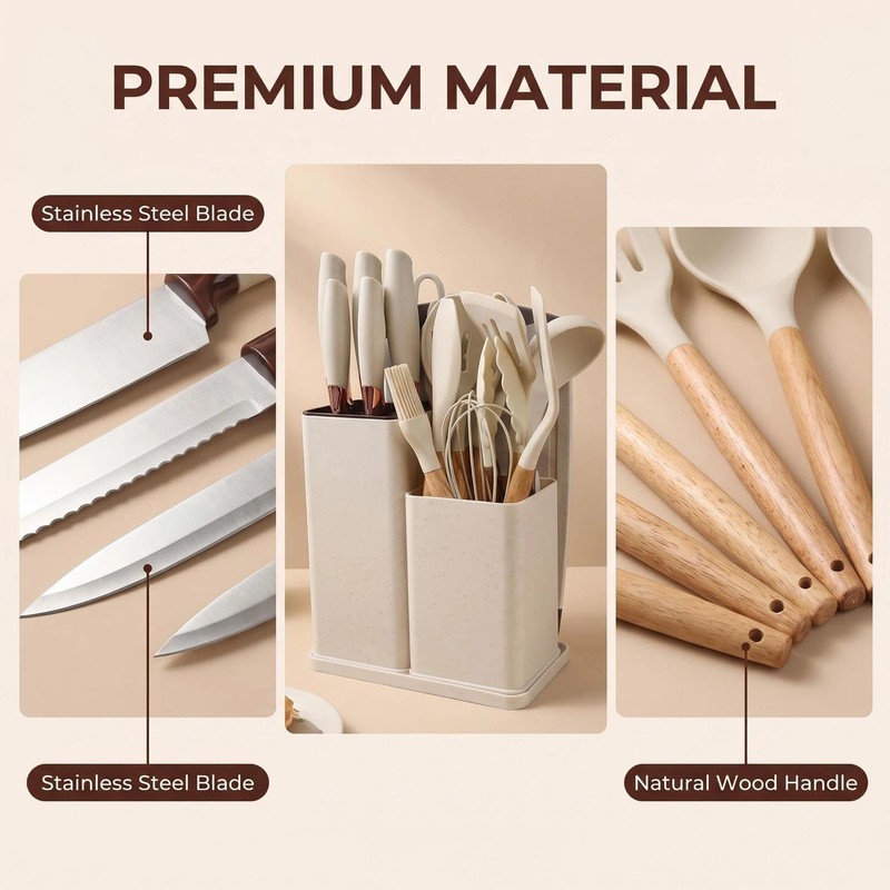 Henlutuo 19‑Piece Silicone Kitchen Utensil Set, Heat‑Resistant Non‑Scratch Cooking Tools,