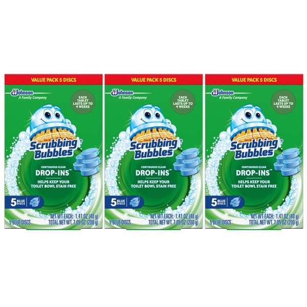 Scrubbing Bubbles Continuous Clean Drop-Ins Toilet Cleaner Tablet, Repels Tough Hard Water and Limescale Stains, Blue Discs, 5 Count, Pack of 3 (15 Total Tablets)