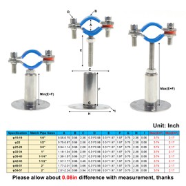 Kodilin 4PCS 304 Stainless Steel Wall Mount Ceiling Mount Pipe Supports,Suitable for OD Pipe 1-1/2"(42-45mm),Adjustable Height 50-100mm,Adjustable Pipe Strap Clamp with Screws