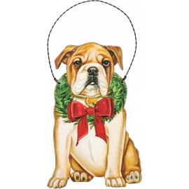 Bulldog dog Holiday Christmas ornament wooden 3.25" x 5" wreath