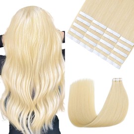 Sindra Tape-In Real Hair Extensions, Platinum Blonde Human Hair Extensions, 20 Pieces, 50 g, 35 cm, Invisible Blonde, Silky Straight, T#60, 14 Inches
