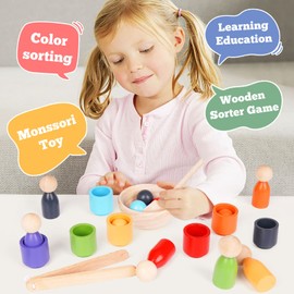 Pelotas en tazas, juguete Montessori, juego de clasificador de madera, muñecas de madera en tazas, bolas coloridas, muñecas y platos, clasificación de color, aprendizaje preescolar, educación, juguetes de habilidades motoras finas para niños pequeños