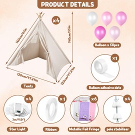 4 Pack Kids Teepee Tent for Girls Slumber Party Tents Bulk, PLULON Kids Sleepover with Inflatable Airbed and Decorations Play White Teepee Indoor Outdoor