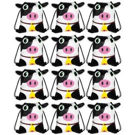 Remagr 12 Pack Cow Print Party Favor Drawstring Bags Bulk Polyester Farm Cow Party Draw String Gift Backpack Cow Printed Pink Cinch Sack for Boys Girls Birthday Baby Shower Cow Theme Party Supplies
