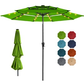 HOMSHADE 9FT 3-Tier Solar Patio Umbrella Heavy Duty, Vented Market Table Umbrella Windproof w/32 LED Lights, UPF50+, 3-year Fade Resistant, 8 Thicker Ribs for Pool, Lawn, Garden, Deck (Apple Green)