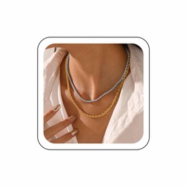 Zeshimb Rope Chain Necklace Layered Twisted Chain Choker Necklace Two Tone Gold Silver Chain Necklace Braided Rope Link Chain Necklace Hip Hop Jewelry for Women Men, Zinc, No Gemstone