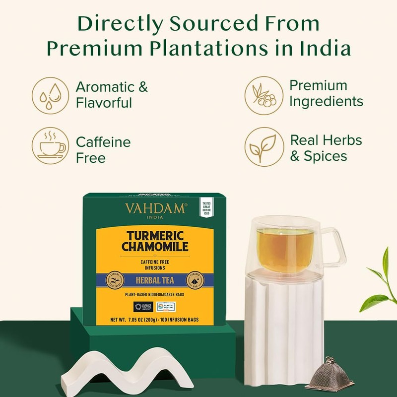 VAHDAM, Turmeric Chamomile Tea Bags (100 Herbal Tea Bags) Caffeine
