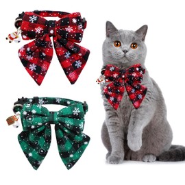 Miiemiu Christmas Bow Tie Cat Collar Set with Bell, Winter Holiday Red and Green Snowflake Buffalo Cat Bow Tie Collar for Boys and Girls Kitty Kittens