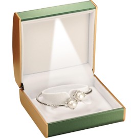 LED Bangle Bracelet Box Luxury PU Leather Dome Top with Gold Color Painting on the Sides Bracelet Bangle Anklet Jewellery Gift Storage Holder Box with Light for Women for Men (1, Green)