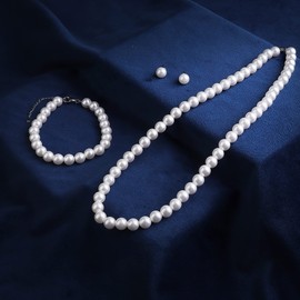 Morfetto Sterling Silver Pearl Necklace for Women Men White Round Simulated Shell Pearl Necklace Bracelet Earrings 6/8 mm Choker Pearl Necklace Set for Women Girls, Pearl Sterling Silver, Pearl