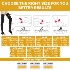 Thigh High Compression Stockings for Women & Men (Pair), 15-20 mmHg Open Toe Medical Compression Socks with Silicone Dot Band, Medical Compression Stockings for Varicose Veins, Edema, DVT (BLACK, XL)