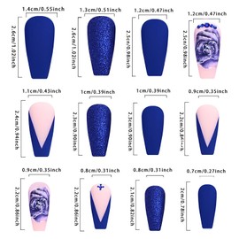Press on Nails Medium Ballet Shaped False Nails Artificial Acrylic Nails Blue Flowers and Rhinestones Design French Fake Nails Full Cover Reusable Coffin Nails Glue on Nails for Women 24Pcs