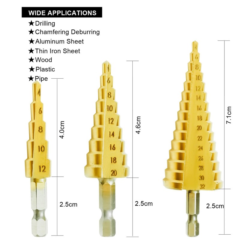 NUTTDOO Step Drill Bit Set, 3pcs HSS Step Bits High