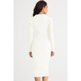 MEROKEETY Womens 2025 V Neck Ribbed Sweater Dress Long Sleeve Bodycon Knit Midi Dresses Beige M