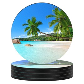 Nipichsha Coasters for Drinks, Set of 6 Absorbent Rubber Drink Coasters with Non-Slip Backing, Cute Drink Coasters for Cup Kitchen Home Decor Housewarming Gift, Round 4", Happy Beach