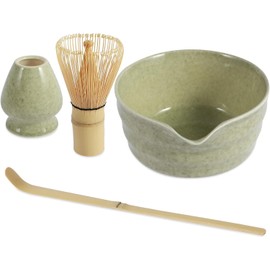 Matcha Whisk Set Ceramic Matcha Whisk Reusable Matcha Bowl Kit Tea Making Tools includes Matcha Bowl with Spout, Matcha Sifter and Bamboo Scoop for Tea Lovers (Matcha Green, 4PCS)