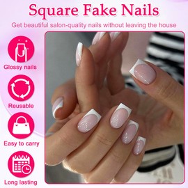 24 Pcs Short Square Press on Nails, French White Tips False Nails in 12 Sizes, Acrylic Full Cover Stick on Nails with Jelly Glue Stickers, Reusable Fake Nail Set for Women and Girls DIY Decorations