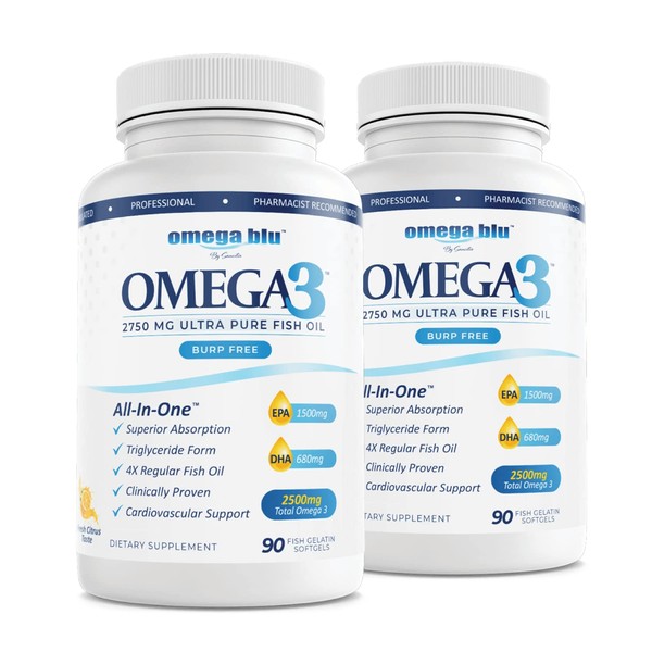 Fish Oil Omega 3 Supplement 2750 mg High EPA DHA Wild Caught Triple Strength Triglyceride Form-No Fishy Burps-Wild Caught-Supports Heart, Brain, Eye, Immune Health-Non-GMO-Fish Gelatin (180 Capsules)