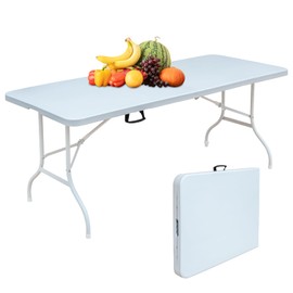 MIIUDGIG Portable 6Ft Plastic Folding Table, Heavy Duty 6ft Fold-in-Half Table with Carrying Handle, 6' Folding Utility Foldable Table for Picnic Party Camping Kitchen, Indoor/Outdoor (White)