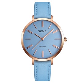 Women Girl Female Fashionable Quartz Round PU Leather Watch Wristwatch for Causal(Blue)