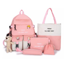 JO-maruko Set 5 Mochila Bolsas Escolar Estudiante Lapicera Tote Lona Rosa