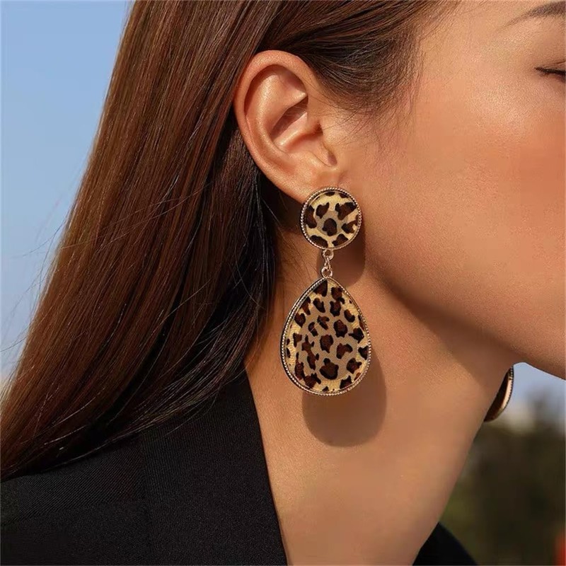Waterdrop Leopard Print Statement Stud Earrings Hypoallergenic Lightweight Geometric Faux