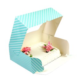 Global Sugar Art Auto-Popup Extra Deep Quarter Sheet Cake Box with Window, Designer Blue Stripe, 14 x 10 x 5 Inches, 5 Count. For 9 x 13 sheet cakes, cookies, pastries, desserts.
