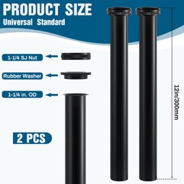 Tandefio 2 Pcs Flanged Sink Tailpiece 1-1/4" OD x 12" Brass Extension Tube for Trap Inlet Waste Sink Pipe Drain Connections, Black