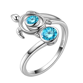 Aurora Tears Turtle Adjustable Rings 925 Sterling Sliver Animals Open Ring Blue Aquamarine March Birthstone Jewellery Gifts with Cubic Zirconia for Women DR0084M