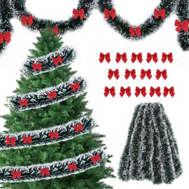 FePen Christmas Tinsel Garland, 10m Shiny Christmas Tree Garland Fluffy Christmas Decoration with Snow and 30 Bows, Ornament for Christmas Decoration, Party Supplies (Red)