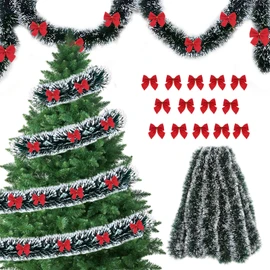 FePen Christmas Tinsel Garland, 10m Shiny Christmas Tree Garland Fluffy Christmas Decoration with Snow and 30 Bows, Ornament for Christmas Decoration, Party Supplies (Red)
