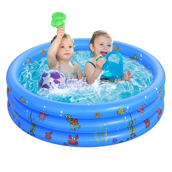 Paddling Pools for Kids, Inflatable Baby Swimming Pool, 3 Ring Paddling Pool with Inflatable Safety Bubble Floor, Small Paddling Swimming Pools for Toddlers Gardens Backyard, Blue/100 * 40cm