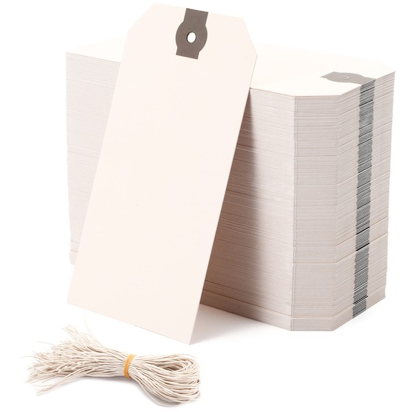 WUWEOT 200 Pack 12 x 6cm Shipping Tags with String, Blank Paper Tags with Reinforced Hole, for Arts & Craft, Luggage Label, Weddings, Valentines & Birthday, Manila