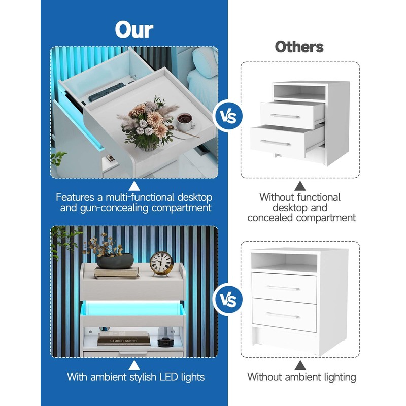 Baoz Nightstand with Gun Drawer, Charging Night Stand with USB