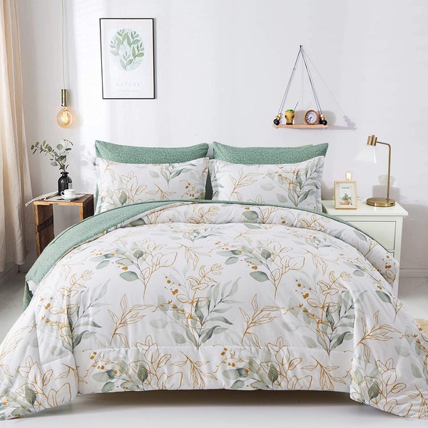 WONGS BEDDING 7 Pieces Floral Bed in a Bag King, Botanical Comforter Set Reversible Green Gold Leaves Bedding Set Microfiber King (1 Comforter,2 Pillowcase,2 Pillow Shams,1 Flat Sheet,1 Fitted Sheet)
