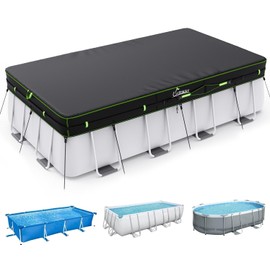 UIRWAY 9x18 FT Rectangular Pool Cover with Reflective Strips, Swimming Pool Cover for Above Ground Pool, Solar Cover Including Rope Tie and Luminous Ground Nails for Rectangular or Oval Pools