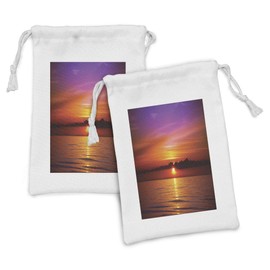 Ambesonne Ocean Fabric Pouch Set of 2, Romantic Sunset on the Beach Sun Rays Reflection on the Sea Colorful Sky Picture, Small Drawstring Bag for Toiletries Masks and Favors, 9" x 6", Orange Purple