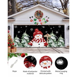 Hokiten Black Red Snowman Christmas Garage Door Cover 7x8Ft, Xmas Tree Farmhouse Garage Door Banner Cover, Snowflake Botanical Garage Door Decoration Backdrop for Christmas Holiday Garage Door Covers