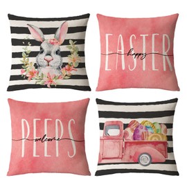 Pink Easter Pillow Covers 26x26 Set of 4 Spring Easter Throw Pillow Covers Easter Cross Bunny Eggs Hunt Cushion Covers Pillow Cases for Spring Home Outdoor Sofa Couch Decoration (26 inch)