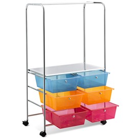 RELAX4LIFE Storage Drawer Carts Classroom Organization - Rolling Carts with Lockable Wheels, 6 Plastic Drawers, Shelf, Hanging Rod, Craft Organizing Utility Cart for Home, School Storage Cart (Colors)