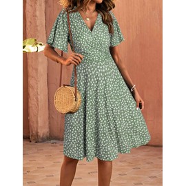 FENSACE Dresses for Women 2025 Casual Wrap V Neck Knee Length Lightweight Green Cottagecore Summer Dress(Floral-32,Medium)